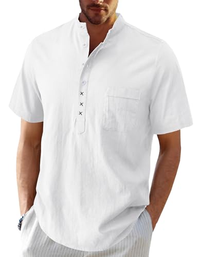 VEVESMUNDO Herren Leinenhemd Kurzarm Baumwolle Leinen Freizeithemd Stehkragen Henley T-Shirt Hemd Sommer Shirt mit Knopfleiste (Weiß, M) von VEVESMUNDO