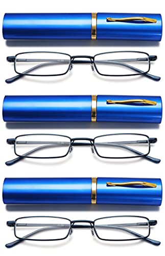 VEVESMUNDO Herren Lesebrille Mini Reise Kleine Kompakte Schmal Metall Lesehilfe Brillen Mit Etui +1.0,+1.5,+2.0,+2.5,+3.0,+3.5,+4.0 (3 Stück blau Lesebrillen, 2.75) von VEVESMUNDO