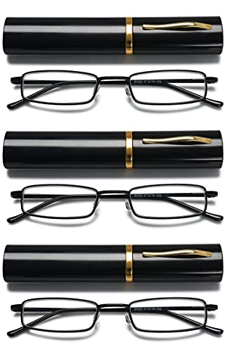 VEVESMUNDO Herren Lesebrille Mini Reise Kleine Kompakte Schmal Metall Lesehilfe Brillen Mit Etui +1.0,+1.5,+2.0,+2.5,+3.0,+3.5,+4.0 (3 Stück schwarz Lesebrillen, 2.75) von VEVESMUNDO