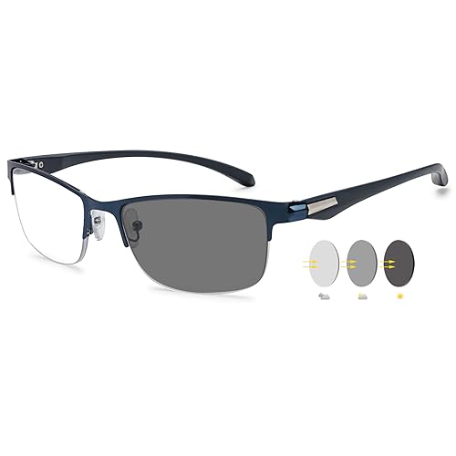 VEVESMUNDO Herren Lesebrillen Selbsttönende Blaulichtfilter Sportliche Sonnenlesebrille Metall Rechteckig Halbrand Lesehilfe Brillen (1 Stück Blau Photochrome Lesebrille, 4.0) von VEVESMUNDO