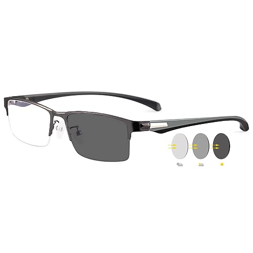 VEVESMUNDO Herren Lesebrillen Selbsttönende Blaulichtfilter Sportliche Sonnenlesebrille Metall Rechteckig Halbrand Lesehilfe Brillen (1 Stück Grau Photochrome Lesebrille, 1.5) von VEVESMUNDO