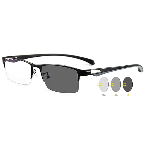 VEVESMUNDO Herren Lesebrillen Selbsttönende Blaulichtfilter Sportliche Sonnenlesebrille Metall Rechteckig Halbrand Lesehilfe Brillen (1 Stück Schwarz Photochrome Lesebrille, 2.5) von VEVESMUNDO