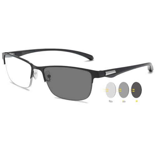 VEVESMUNDO Herren Lesebrillen Selbsttönende Blaulichtfilter Sportliche Sonnenlesebrille Metall Rechteckig Halbrand Lesehilfe Brillen (1 Stück Schwarz Photochrome Lesebrille, 3.0) von VEVESMUNDO