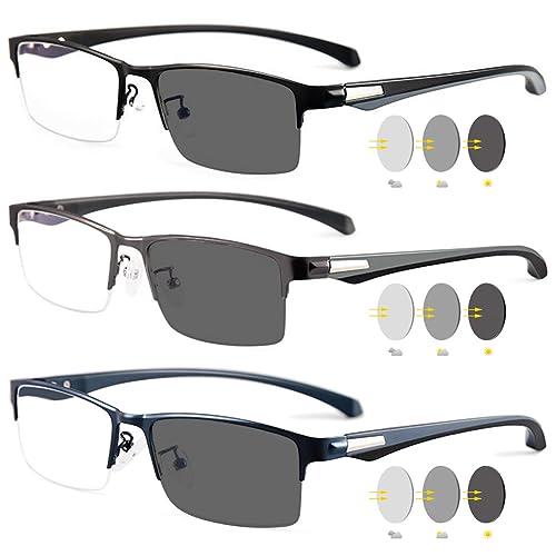 VEVESMUNDO Herren Lesebrillen Selbsttönende Blaulichtfilter Sportliche Sonnenlesebrille Metall Rechteckig Halbrand Lesehilfe Brillen (3 Stück Photochrome Lesebrillen, 3.5) von VEVESMUNDO