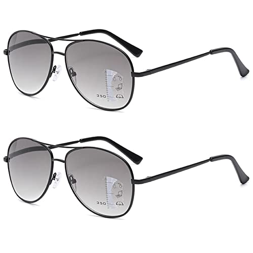 VEVESMUNDO Herren Multifokale Sonnelesebrille Metall Lesebrille Pilotenbrille Blaulichtfilter Gleitsichtbrille Brillen mit UV-Sonnenschutz (2 Stück Schwarz Sonnenlesebrille, 2.5) von VEVESMUNDO