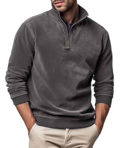 VEVESMUNDO Herren Pullover mit Stehkragen Casual Samt Lerderoptik Polo Sweatshirt Strickpullover Winterpullover Langarmshirt Rollkragenpullover mit Halbem Reißverschluss (Grau, L) von VEVESMUNDO