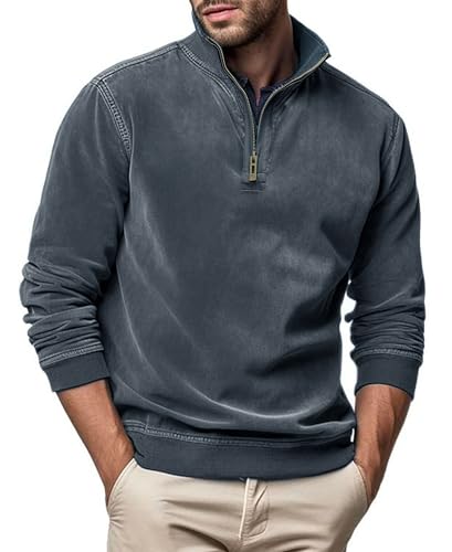 VEVESMUNDO Herren Pullover mit Stehkragen Casual Samt Lerderoptik Polo Sweatshirt Strickpullover Winterpullover Langarmshirt Rollkragenpullover mit Halbem Reißverschluss (Grau Blau, L) von VEVESMUNDO