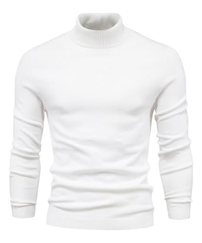 VEVESMUNDO Herren Rollkragenpullover Feinstrick Langarmshirt Basic Slim fit Freizeit Langarm Strickpullover mit Rollkragen (Weiß, L) von VEVESMUNDO
