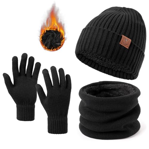 VEVESMUNDO Herren Wintermütze Schlauchschal Handschuhe Set mit Fleecefutter Mütze Winter Loop Schal Touchscreen Handschuh Sets für Herren Schwarz von VEVESMUNDO