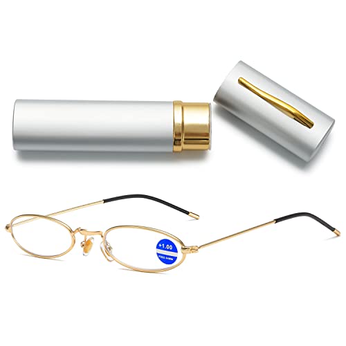 VEVESMUNDO Kleine Blaulichtfilter Lesebrille Damen Herren Metall Mini Schmal Kompakt Anti Blaulicht Lesehilfe Brille mit Metall Etui (1 Stück Gold Lesebrille, 2.0) von VEVESMUNDO