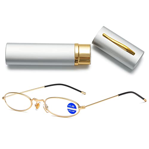 VEVESMUNDO Kleine Blaulichtfilter Lesebrille Damen Herren Metall Mini Schmal Kompakt Anti Blaulicht Lesehilfe Brille mit Metall Etui (1 Stück Gold Lesebrille, 2.5) von VEVESMUNDO