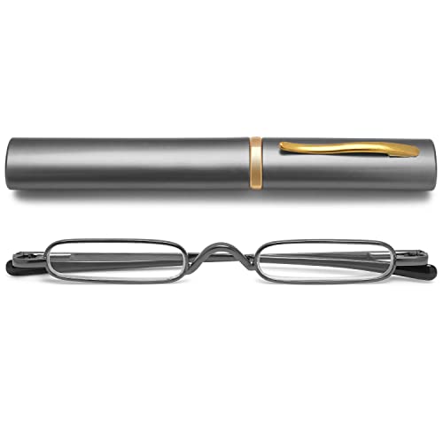 VEVESMUNDO Lesebrille Schmal Mini Klein Metall Lesehilfe Sehhilfe Brille mit Etui für Unterwegs Herren Damen (Dunkelgrau, 2.25) von VEVESMUNDO