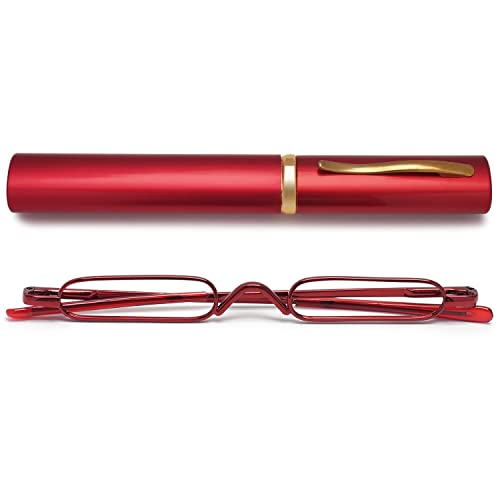 VEVESMUNDO Lesebrille Schmal Mini Klein Metall Lesehilfe Sehhilfe Brille mit Etui für Unterwegs Herren Damen (Rot, 2.75) von VEVESMUNDO