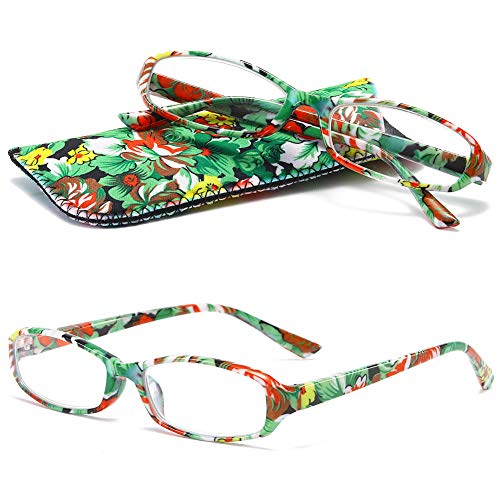 VEVESMUNDO Lesebrille Damen Modern Federscharnier Blumen Lesehilfe Sehhilfe Brille Leicht Vintage mit Brillentasche(Grün&rot Blumen, 1.5) von VEVESMUNDO