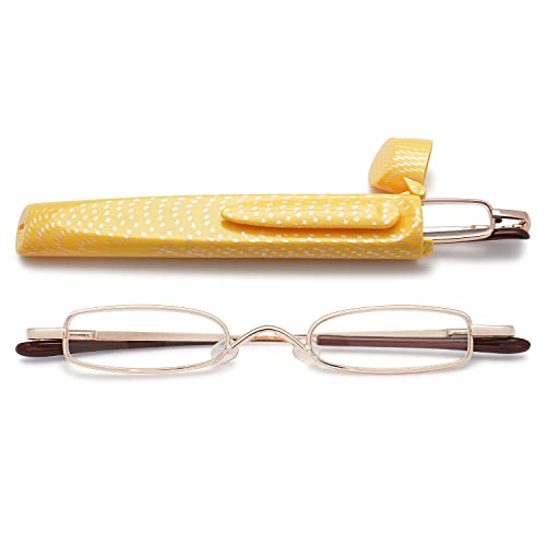 VEVESMUNDO Lesebrille Metall Herren Damen Schmal Klassische Leicht Mini Klein Klar Federscharnier Lesehilfe Sehhilfe Brille Dioptrien mit Etui (1 Stück Gold Lesebrille, 1.5) von VEVESMUNDO