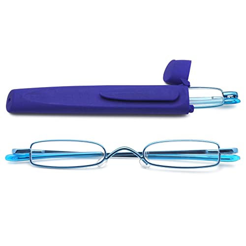 VEVESMUNDO Lesebrille Metall Herren Damen Schmal Klassische Leicht Mini Klein Klar Federscharnier Lesehilfe Sehhilfe Brille Dioptrien mit Etui (1 Stück blaue Lesebrille mit blauem Etui, 2.25) von VEVESMUNDO