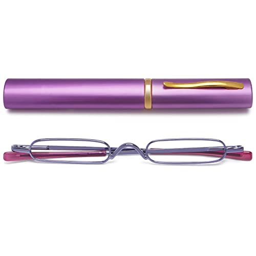 VEVESMUNDO Lesebrille Schmal Mini Klein Metall Lesehilfe Sehhilfe Brille mit Etui für Unterwegs Herren Damen (Lila, 1.0) von VEVESMUNDO