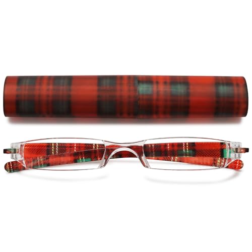 VEVESMUNDO Lesebrillen Damen Herren Kompakte Tragbare Mini Klein Schmal Modern Leichte Randlos Sehhilfe Lesehilfen Klare Arbeit Brillen Blumen Gitter mit Etui (1 Stück Groß Rotes Gitter, +2.0) von VEVESMUNDO