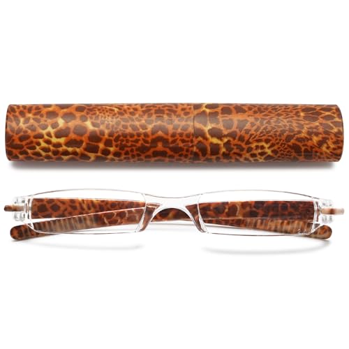VEVESMUNDO Lesebrillen Damen Herren Kompakte Tragbare Mini Klein Schmal Modern Leichte Randlos Sehhilfe Lesehilfen Klare Arbeit Brillen Blumen Gitter mit Etui (1 Stück Leopard, +1.5) von VEVESMUNDO