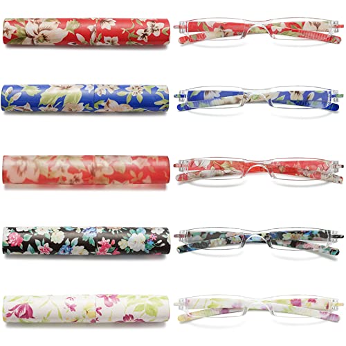VEVESMUNDO Lesebrillen Damen Herren Kompakte Tragbare Mini Klein Schmal Modern Leichte Randlos Sehhilfe Lesehilfen Klare Arbeit Brillen Blumen Gitter mit Etui von VEVESMUNDO