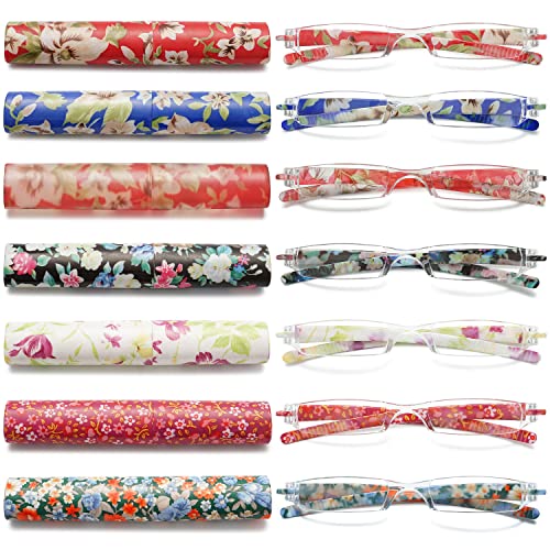 VEVESMUNDO Lesebrillen Damen Herren Kompakte Tragbare Mini Klein Schmal Modern Leichte Randlos Sehhilfe Lesehilfen Klare Arbeit Brillen Blumen Gitter mit Etui von VEVESMUNDO