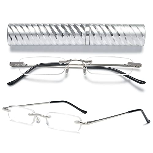 VEVESMUNDO Lesebrillen Metall Randlos Klassische Schmal Federscharnier Klein Mini Leicht Damen Herren Lesehilfe Sehhilfe Brillen mit Etui(Silber Lesebrille mit Etui, 1.0) von VEVESMUNDO