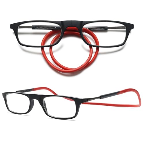 VEVESMUNDO Magnetische Lesebrillen um den Hals Klemmen Leicht Magnetverschluss Damen Herren Lesehilfe Brillen mit magnet (1 Stück Schwarz&Rot, 1.5) von VEVESMUNDO
