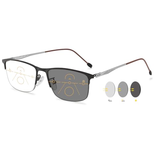 VEVESMUNDO Metall Gleitsicht Lesebrillen Selbsttönende Blaulichtfilter Herren Gleitsichtbrille Multifokale Progressive Brillen (Schwarz&Silber Metallbügel, 3.0) von VEVESMUNDO