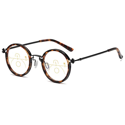 VEVESMUNDO Multifokus Lesebrillen Blaulichtfilter Progressive Herren Damen Metall Retro Runde Sehhilfe Gleitsichtbrille mit sehstärke (1 Stück Leopard Multifokus Lesebrille, 1.0) von VEVESMUNDO