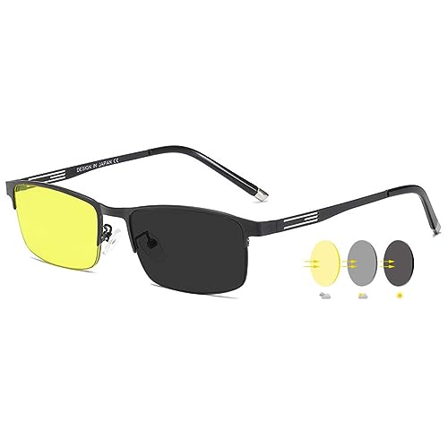 VEVESMUNDO Nachtsichtbrille Selbsttönende Getönte Metall Rechteckig Sonnenbrille Nachtfahrbrille Autofahrbrille für Autofahrer Herren (Schwarz) von VEVESMUNDO