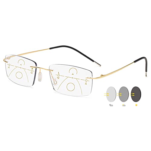 VEVESMUNDO Photochrome Lesebrillen Blaulichtfilter Metall Titan Sonnenlesebrille Progressive Multifokale Anti Blaulicht Gleitsichtbrille für Herren Damen (1 Stück Gold, 1.5) von VEVESMUNDO