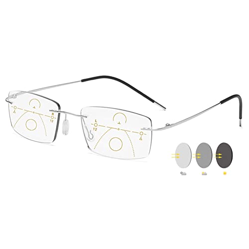 VEVESMUNDO Photochrome Lesebrillen Blaulichtfilter Metall Titan Sonnenlesebrille Progressive Multifokale Anti Blaulicht Gleitsichtbrille für Herren Damen (1 Stück Silber, 1.0) von VEVESMUNDO