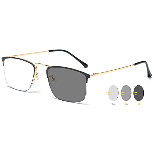 VEVESMUNDO Photochrome Lesebrillen Selbsttönende Blaulichtfilter Sonnenlesebrille Metall Halbrand Lesehilfe Brillen mit Sonnenschutz für Herren Damen (1 Stück Gold Photochrome Lesebrille, 3.0) von VEVESMUNDO