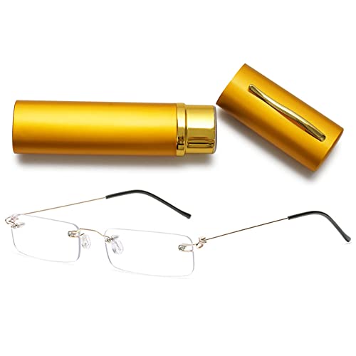 VEVESMUNDO Randlos Blaulichtfilter Lesebrillen mit Etui Herren Damen Rahmenlos Weitsichtigkeit Anti Blaulicht Brille mit Sehstärke (1 Stück Gold Blaulichtfilter Lesebrille, 3.0) von VEVESMUNDO