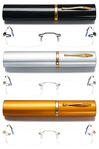 VEVESMUNDO Randlos Blaulichtfilter Lesebrillen mit Etui Herren Damen Rahmenlos Weitsichtigkeit Anti Blaulicht Brille mit Sehstärke (3 Stück Blaulichtfilter Lesebrille, 1.5) von VEVESMUNDO