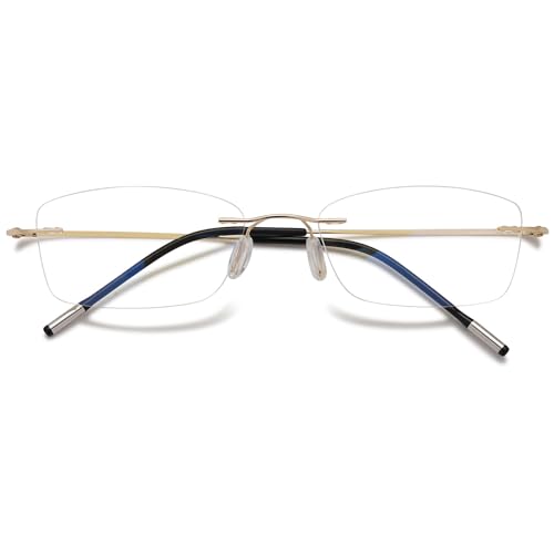 VEVESMUNDO Randlos Titan Lesebrille Anti Blaulicht Ultraleicht Metall Blaulichtfilter Sehhilfe Lesehilfe Brillen Ohne Rahmen für Herren Damen (1 Stück Gold, 3.0) von VEVESMUNDO