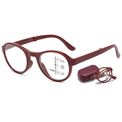 VEVESMUNDO Runde Gleitsichtbrille Faltbare Klappbar Gleitsicht Lesebrille Herren Damen Kleine Kompakte Lesehilfe Sehhilfe Progressive Multifokalbrille mit Etui (1 Stück Rot, 2.0) von VEVESMUNDO