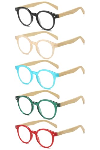 VEVESMUNDO Runde Lesebrille Herren Damen Retro Vintage Kunststoff Holz Sehhilfe Lesehilfe Brille mit Holzbügel (5 Stück Lesebrillen Set, +1.5) von VEVESMUNDO