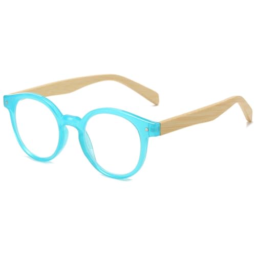 VEVESMUNDO Runde Lesebrille Herren Damen Retro Vintage Kunststoff Holz Sehhilfe Lesehilfe Brille mit Holzbügel (Blau Lesebrille, 4.0) von VEVESMUNDO