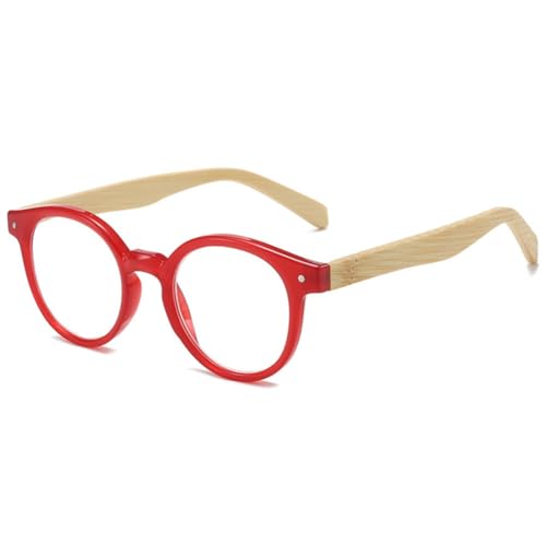 VEVESMUNDO Runde Lesebrille Herren Damen Retro Vintage Kunststoff Holz Sehhilfe Lesehilfe Brille mit Holzbügel (Rot Lesebrille, 2.0) von VEVESMUNDO