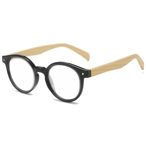 VEVESMUNDO Runde Lesebrille Herren Damen Retro Vintage Kunststoff Holz Sehhilfe Lesehilfe Brille mit Holzbügel (Schwarz Lesebrille, 2.5) von VEVESMUNDO