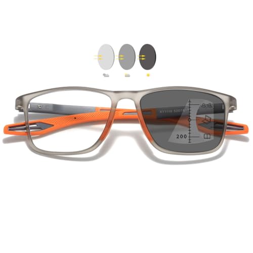 VEVESMUNDO Selbsttönend Gleitsicht Lesebrille Herren Damen Multifocus Progressive Sportliche TR90 Leicht Blaulichtfilter Sehhilfe Lesehilfe Brille (1 Stück Grau&Orange, 4.0) von VEVESMUNDO