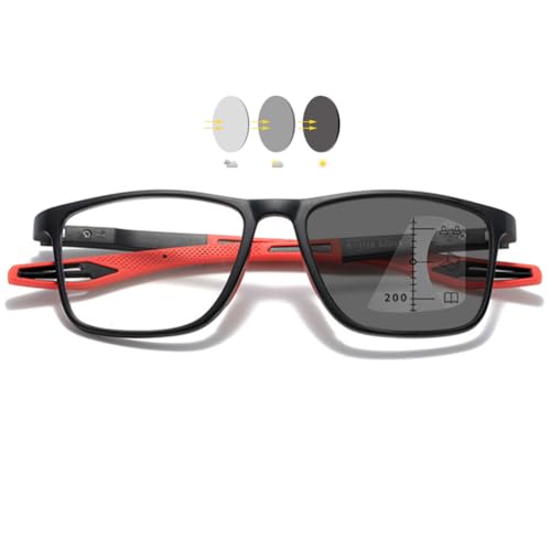 VEVESMUNDO Selbsttönend Gleitsicht Lesebrille Herren Damen Multifocus Progressive Sportliche TR90 Leicht Blaulichtfilter Sehhilfe Lesehilfe Brille (1 Stück Schwarz&Rot, 2.0) von VEVESMUNDO