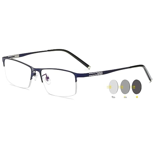 VEVESMUNDO Selbsttönende Brillen Blaulichtfilter Photochrome Sonnenlesebrille Metall Halbrandbrille mit Sonnenschutz für Herren Damen (1 Stück Blau Photochrome Brille, 0) von VEVESMUNDO