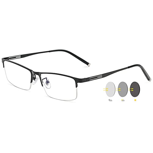 VEVESMUNDO Selbsttönende Brillen Blaulichtfilter Photochrome Sonnenlesebrille Metall Halbrandbrille mit Sonnenschutz für Herren Damen (1 Stück Schwarz Photochrome Brille, 0) von VEVESMUNDO