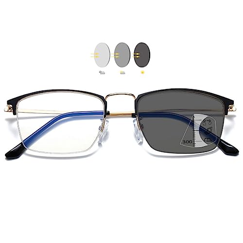 VEVESMUNDO Selbsttönende Gleitsicht Lesebrille Sonnenlesebrille Herren Damen Blaulichtfilter Photochrome Gleitsichtbrille Sehhilfe Lesehilfe mit Sonnenschutz (1 Stück Gold, 2.5) von VEVESMUNDO