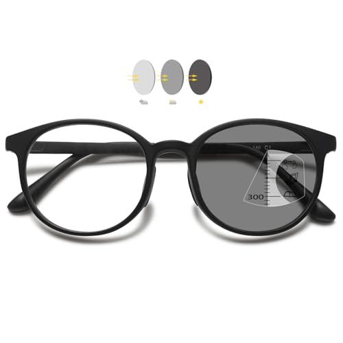 VEVESMUNDO Selbsttönende Gleitsicht Lesebrillen Blaulichtfilter Damen Herren Kunststoff Gleitsichtbrille Multifokale Progressive Runde Brillen (Schwarz, 4.0) von VEVESMUNDO