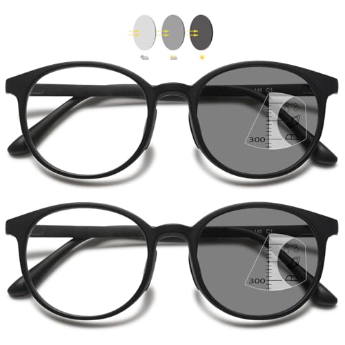 VEVESMUNDO Selbsttönende Gleitsicht Lesebrillen Blaulichtfilter Damen HerrenGleitsichtbrille Multifokale Progressive Runde Brillen (2 Stück Schwarz Gleitsichtlesebrillen Set, 1.0) von VEVESMUNDO