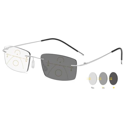 VEVESMUNDO Selbsttönende Gleitsicht Lesebrillen Herren Damen Metall Titan Blaulichtfilter Progressive Multifocus Gleitsichtbrillen (1 Stück Silber, 3.0) von VEVESMUNDO