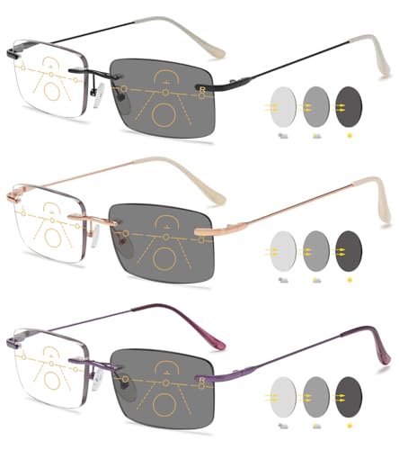 VEVESMUNDO Selbsttönende Gleitsichtbrille Randlos Gleitsicht Lesebrillen Metall Blaulichtfilter Multifokale Progressive Brillen für Herren Damen (3 Stück Lesebrillen Set, +3.0) von VEVESMUNDO